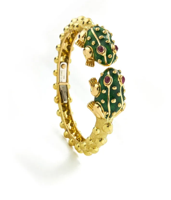 David Webb Bracelets*Baby Frog Bangle, Green Enamel, Ruby