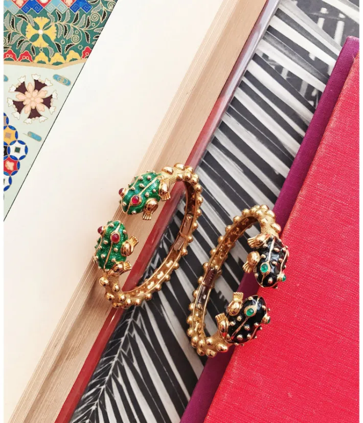 David Webb Bracelets*Baby Frog Bangle, Green Enamel, Ruby
