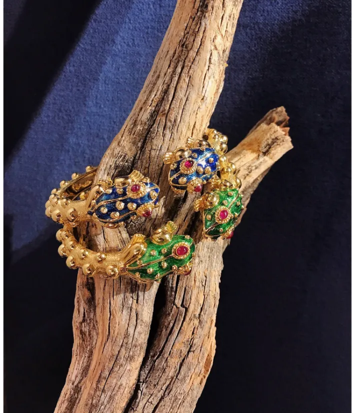 David Webb Bracelets*Baby Frog Bangle, Green Enamel, Ruby