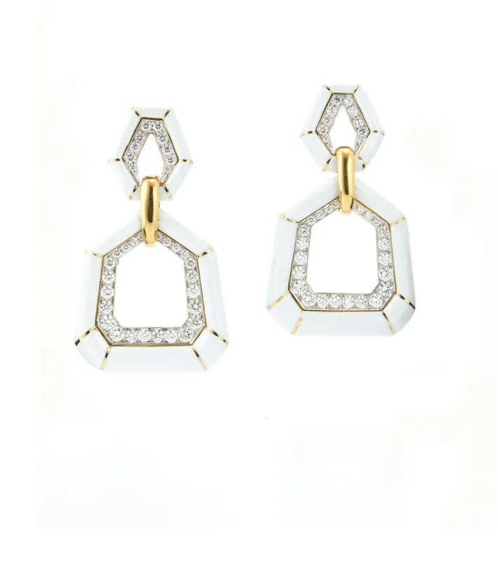 David Webb Earrings*Bamboo Earrings, White Enamel