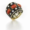 David Webb Rings*Bastille Ring, Coral, Black Enamel
