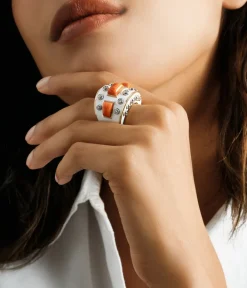 David Webb Rings*Bastille Ring, Coral, White Enamel