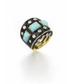 David Webb Rings*Bastille Ring, Turquoise, Black Enamel