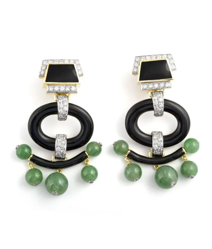 David Webb Earrings*Black Onyx Pagoda Earrings, Jade Beads