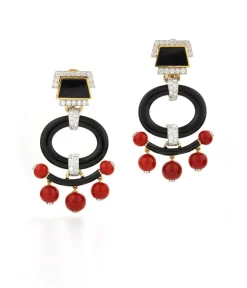 David Webb Earrings*Black Onyx Pagoda Earrings, Coral Beads