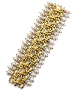 David Webb Bracelets*Brocade Bracelet, Hammered 18K Gold, Diamonds, Pearls