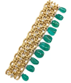 David Webb Bracelets*Brocade Bracelet, Hammered 18K Gold, Diamonds, Emerald