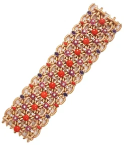 David Webb Bracelets*Brocade Bracelet, Hammered 18K Rose Gold, Pink Tourmaline, Coral
