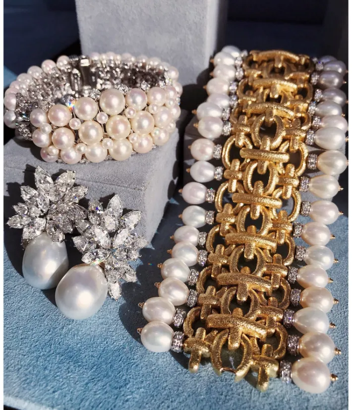 David Webb Bracelets*Brocade Bracelet, Hammered 18K Gold, Diamonds, Pearls