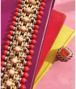 David Webb Bracelets*Brocade Bracelet, Hammered 18K Gold, Diamonds, Coral