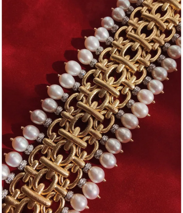 David Webb Bracelets*Brocade Bracelet, Hammered 18K Gold, Diamonds, Pearls