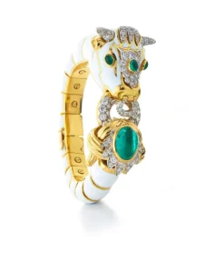 David Webb Bracelets*Bull Bracelet, White Enamel, Emerald