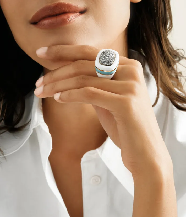 David Webb Rings*Cabana Ring, White and Light Blue Enamel