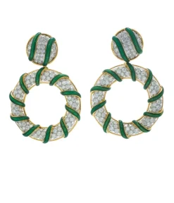 David Webb Earrings*Candy Stripe Earrings, Green Enamel