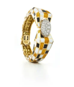 David Webb Bracelets*Checkerboard Bracelet, Yellow and White Enamel