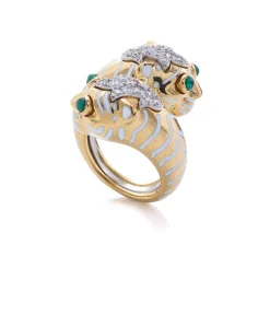 David Webb Rings*Crossover Tiger Ring, Emerald, White Enamel