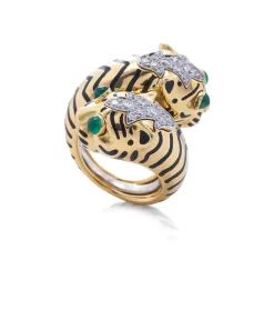 David Webb Rings*Crossover Tiger Ring, Emerald, Black Enamel