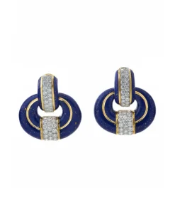 David Webb Earrings*Doorknocker Earrings, Blue Enamel, 24K Gold Dust