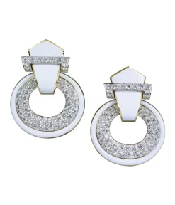 David Webb Earrings*Doorknocker Earrings, White Enamel