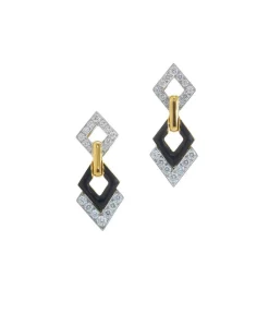David Webb Earrings*Double Diamond Drop Earrings, Black Enamel