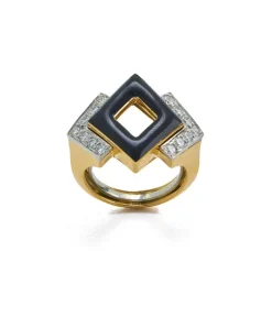 David Webb Rings*Double Diamond Ring, Black Enamel