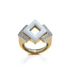 David Webb Rings*Double Diamond Ring, White Enamel
