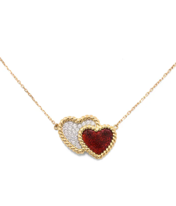 David Webb Necklaces*Double Heart Pendant Necklace, Red Enamel