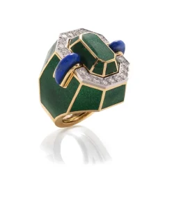 David Webb Rings*Facet Ring, Lapis Lazuli, Green Enamel
