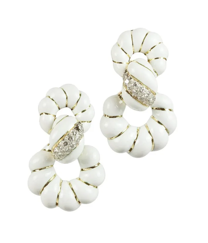 David Webb Earrings*Fancy Hoop Earrings, White Enamel
