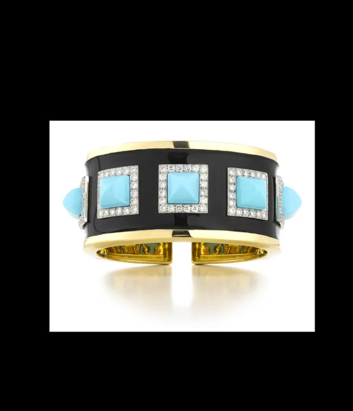 David Webb Bracelets*Five Stone Bastille Cuff, Turquoise, Black Enamel