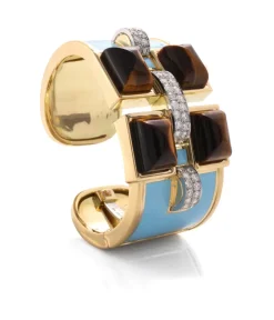 David Webb Bracelets*Four Stone Bastille Cuff, Tiger's Eye, Light Blue Enamel