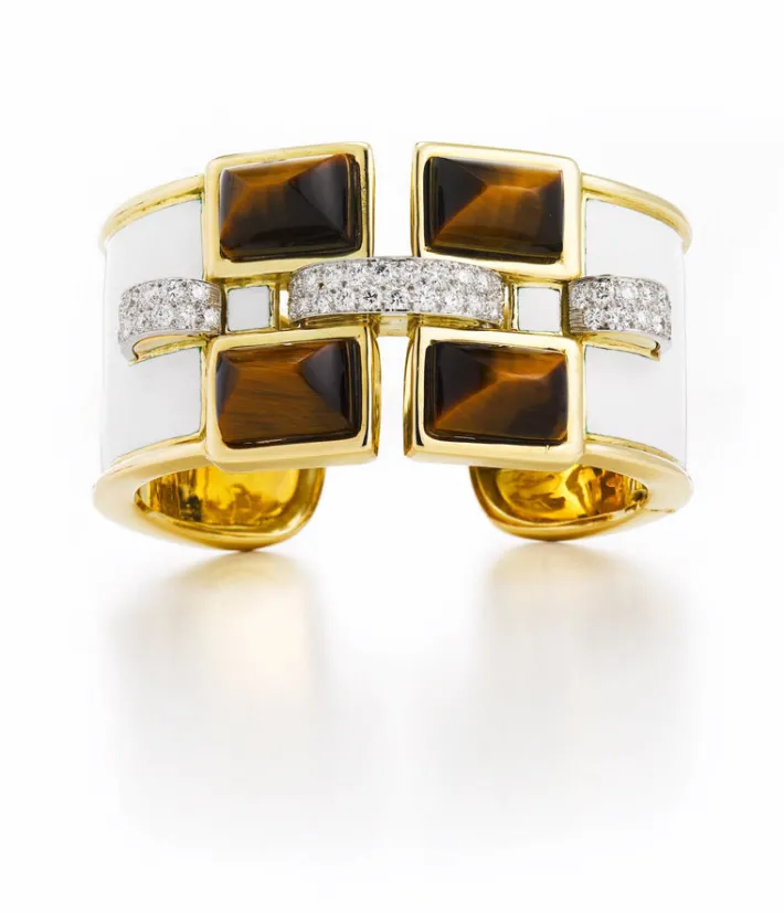 David Webb Bracelets*Four Stone Bastille Cuff, Tiger's Eye, White Enamel