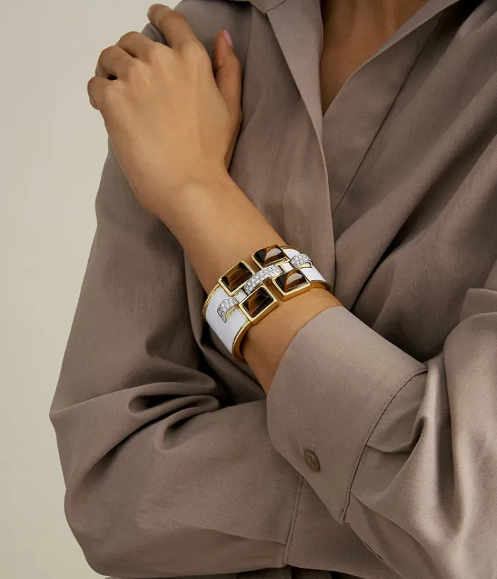 David Webb Bracelets*Four Stone Bastille Cuff, Tiger's Eye, White Enamel