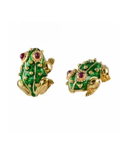 David Webb Earrings*Frog Earrings, Green Enamel