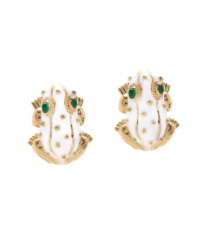 David Webb Earrings*Frog Earrings, White Enamel