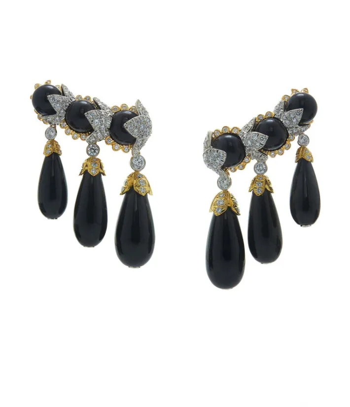 David Webb Earrings*Garland Ear Cuffs, Black Jade