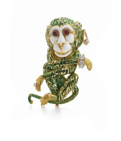 David Webb Brooches*Gypsy Monkey Brooch, Green Enamel