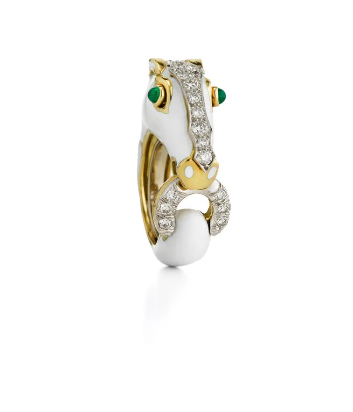 David Webb Rings*Horse Ring, White Enamel, Emerald