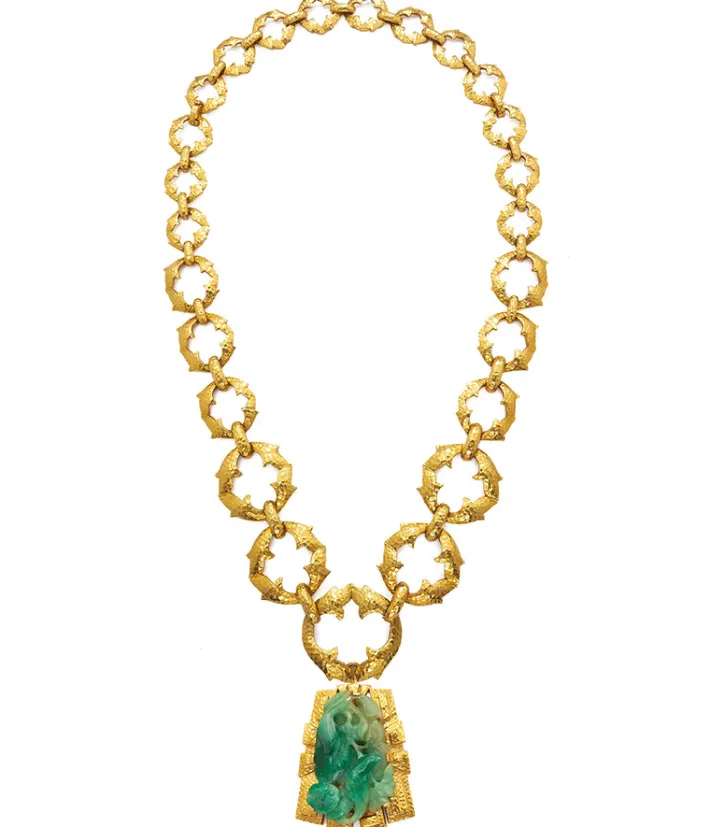 David Webb Necklaces*Jade Necklace, Hammered 18K Gold