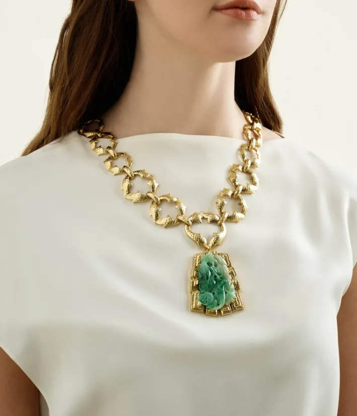 David Webb Necklaces*Jade Necklace, Hammered 18K Gold