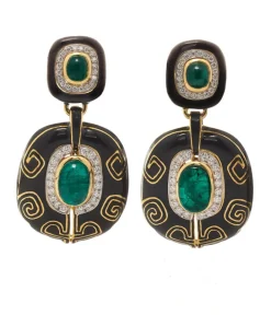 David Webb Earrings*Lantern Earrings, Black Enamel, Emerald, Diamonds