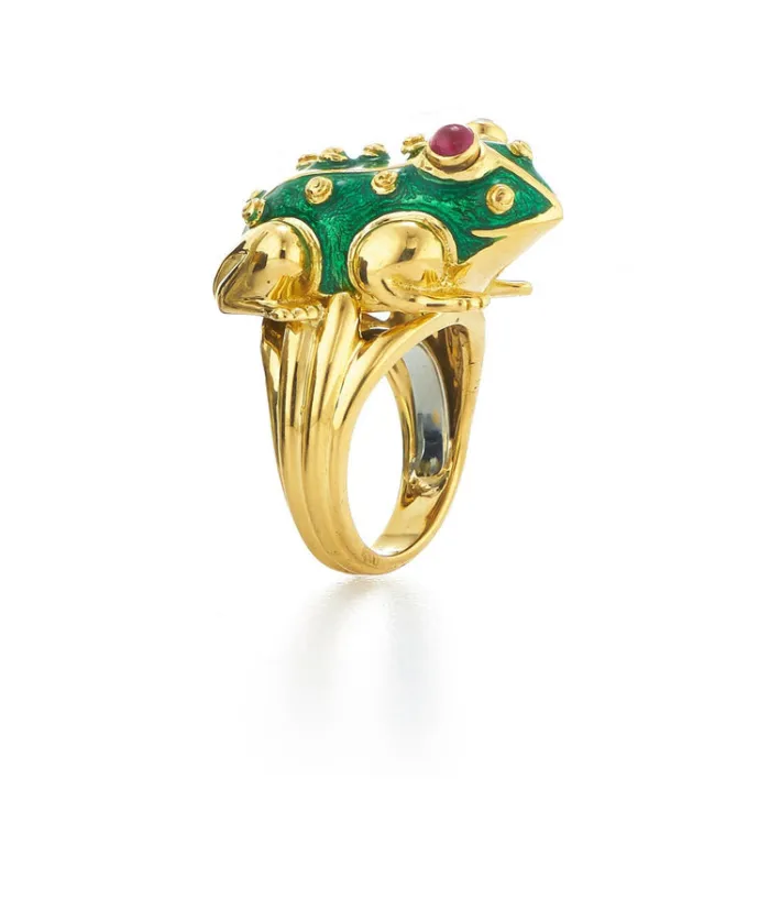 David Webb Rings*Large Frog Ring, Green Enamel