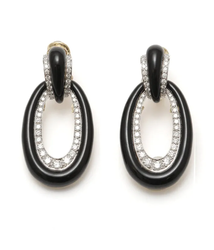 David Webb Earrings*Long Hoop Earrings, Black Enamel