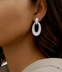 David Webb Earrings*Long Hoop Earrings, White Enamel