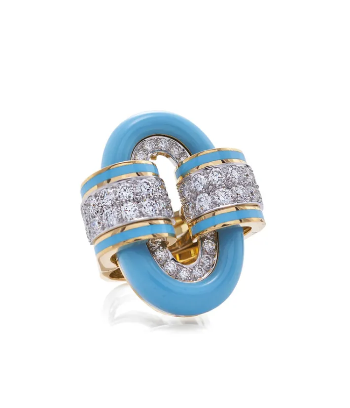 David Webb Rings*Oval Buckle Ring, Light Blue Enamel