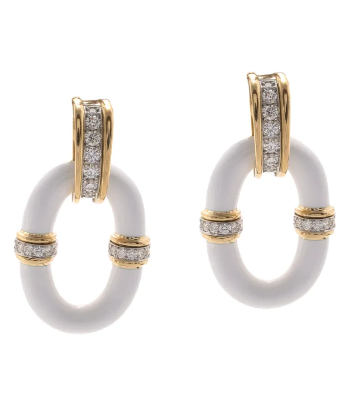 David Webb Earrings*Oval Link Earrings, White Enamel