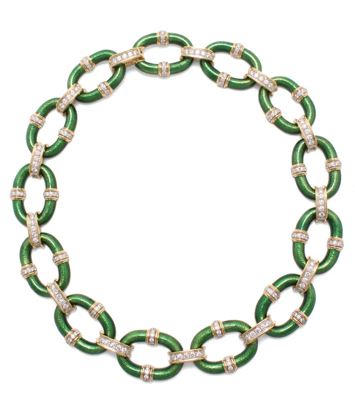 David Webb Necklaces*Oval Link Necklace, Green Enamel