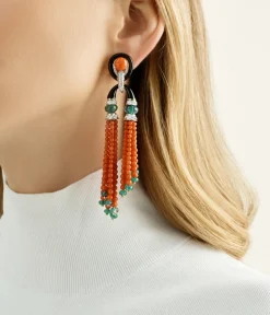 David Webb Earrings*Pagoda Tassel Earrings with Diamonds, Emerald and Coral Beads
