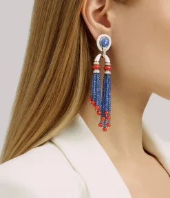 David Webb Earrings*Pagoda Tassel Earrings with Diamonds, Coral and Sapphire Beads