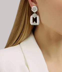 David Webb Earrings*Pentagon Bamboo Earrings, White Enamel